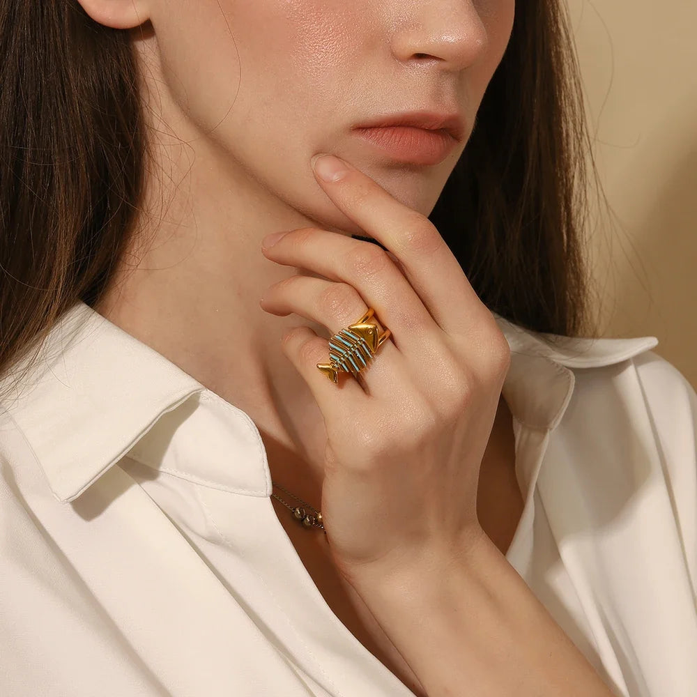 Aqua Tide Fishbone Ring