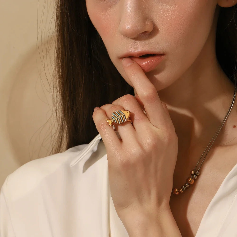 Aqua Tide Fishbone Ring